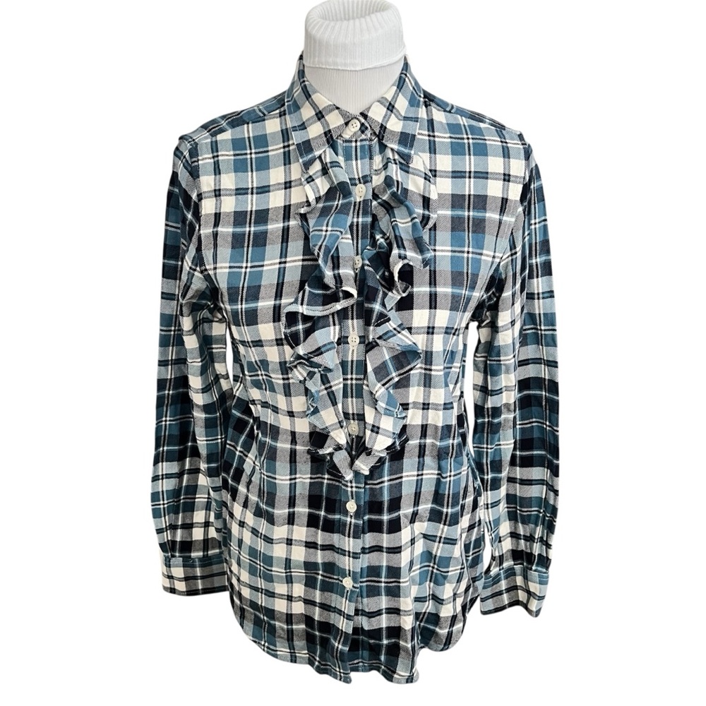 💖 Lauren Ralph Lauren Blue and White Plaid Ruffle Front Blouse